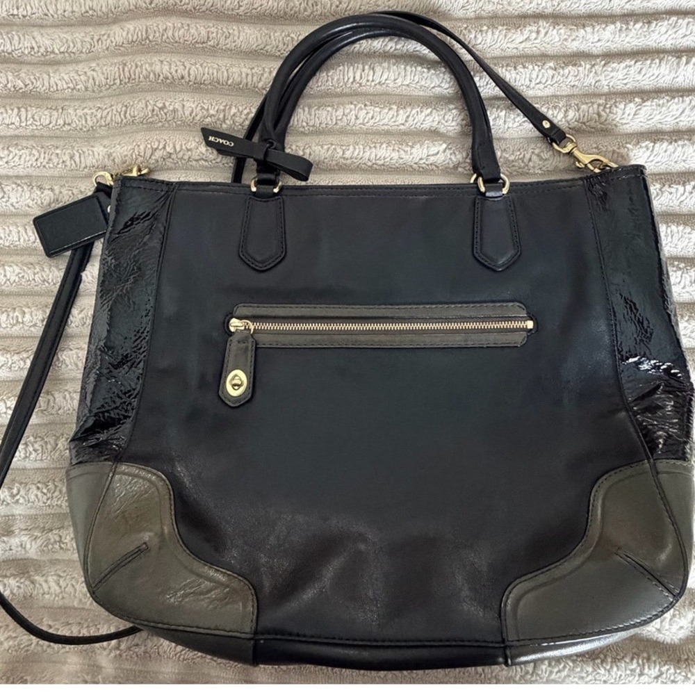 Coach Madison Black Leather Tote Bag Grey Patent Trim 25057 Handbag‎